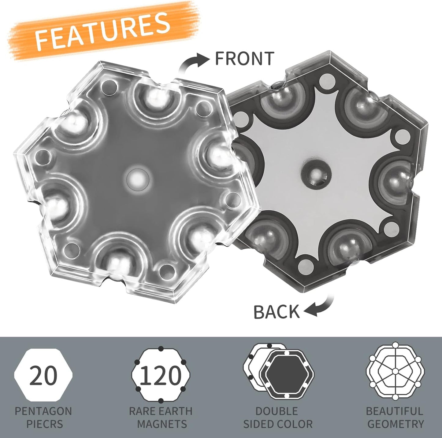 TEMI Fidget Sphere Toys of 12-Piece Set Pentagons Fun Executive Desk Toy Puzzles for Adults 14+ Years Old Boys and Girls (grey hexagon)