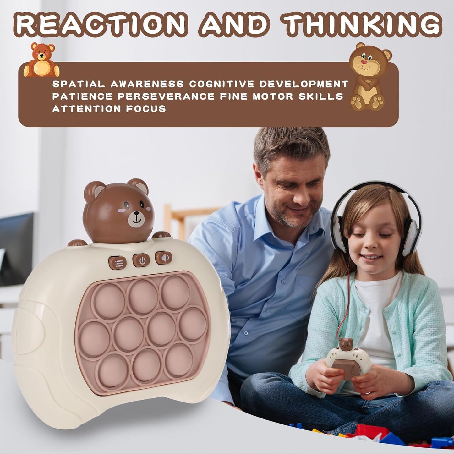 Fast Push Game Pop Fidget Toys for Kids, Fast Push Bubble Game, Quick Push Pop Game for Boys & Girls Age 3-12, Handheld Puzzle Game Sensory Toys Relaxation and Decompression (Grey Bear)