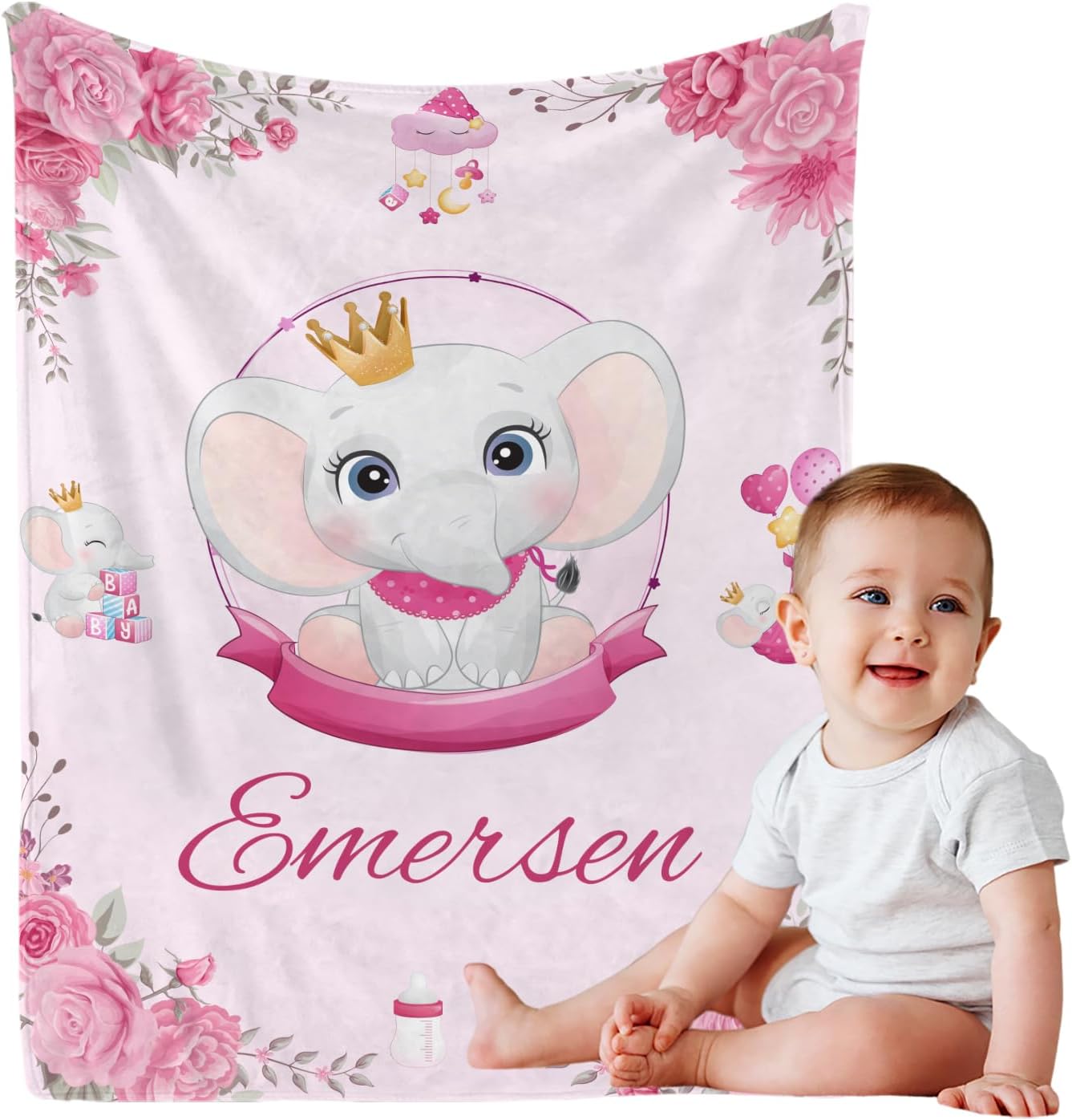 Personalized Baby Blanket with Name, Custom Pink Elephant Name Blanket Toddler Girls Soft Flannne Swaddling Blankets Customized Memorial Gift from Nana for Infant Newborn Shower