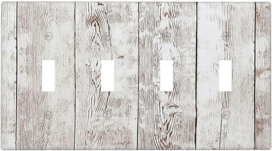 Light Switch Covers Rustic Vintage White Wood Grain Quad Toggle Electrical Faceplate 4 Gang Wall Plate Decorative Switch Plates for Farmhouse Home Decor