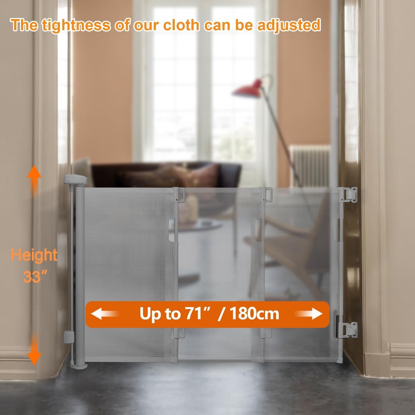 Retractable Baby Gate,Mesh Baby Gate or Mesh Dog Gate,33" Tall,Extends up to 71" Wide,Child Safety Gate for Doorways, Stairs, Hallways, Indoor/Outdoor, Grey