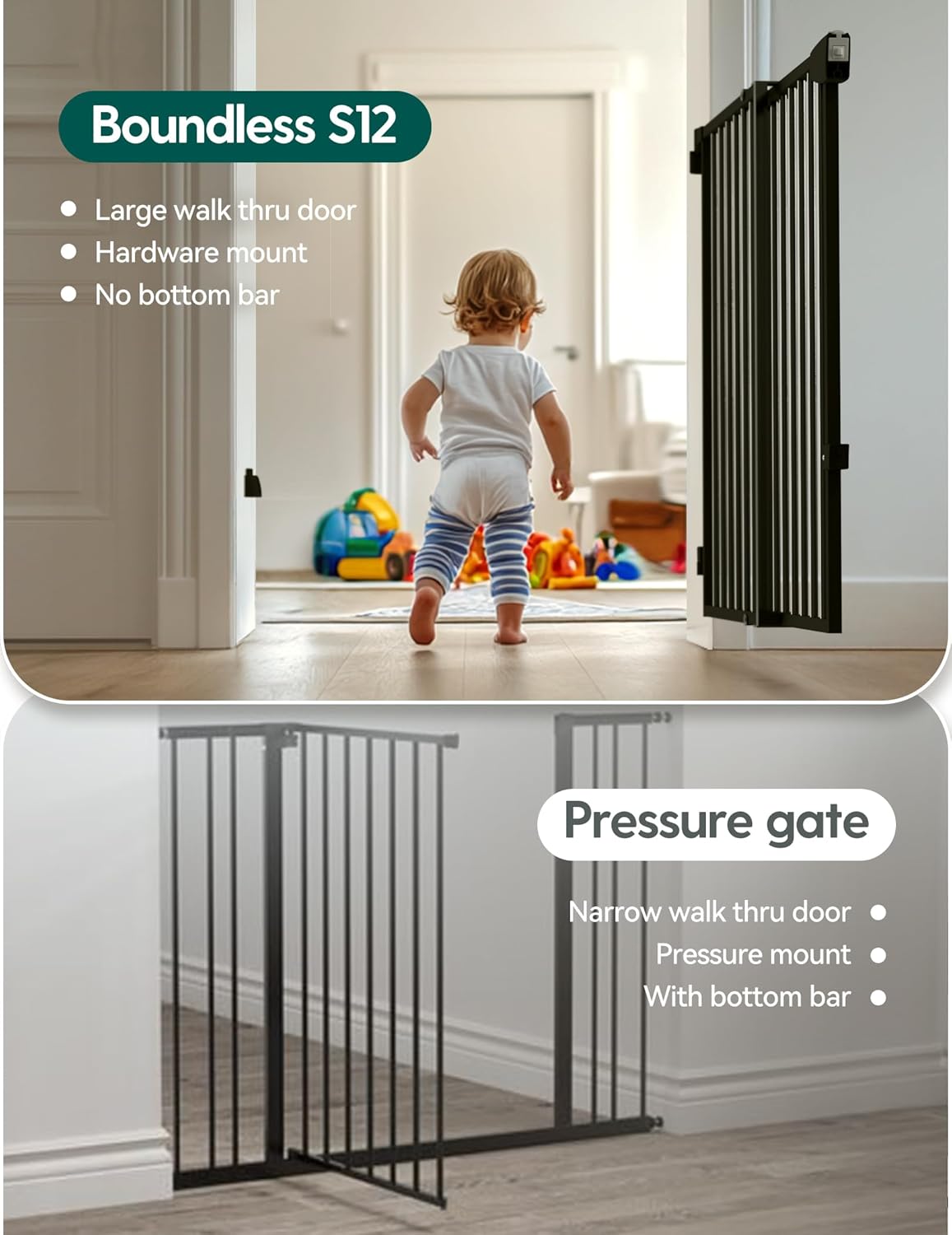 Babelio 29.7-46.5" No Bottom Bar Baby/Dog Gate for Stairs, House and Doorways, Auto Close Safety Pet Gates with Large Walk Thru Door, Hardware Mount, Black