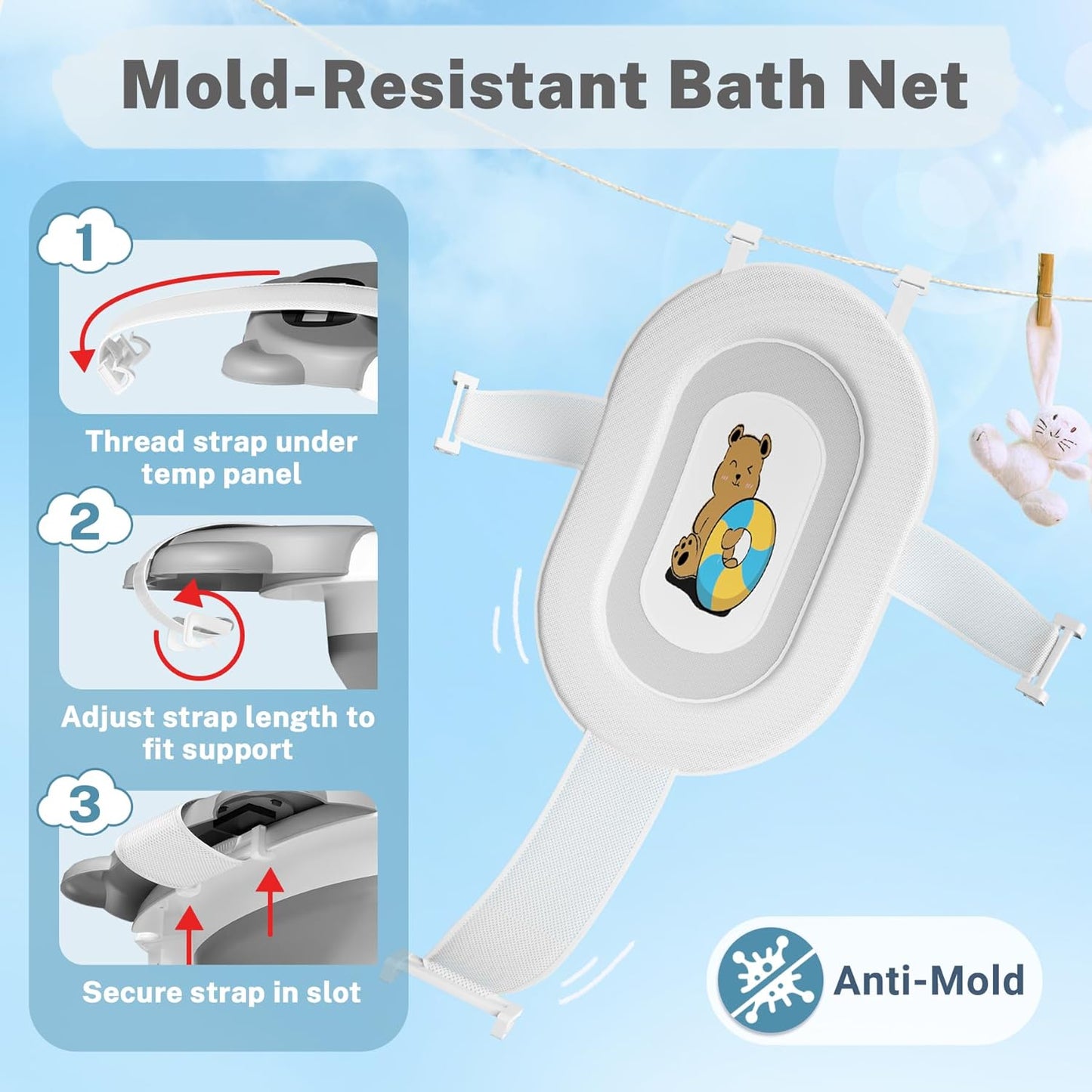 AVIDOR Baby Bathtub,Collapsible Bathtub for Newborn to Toddler,Durable Essential Infant Bath Tub,Portable Travel Baby Tub with Soft Cushion,No-Slip Hanging and Detachable(Grey)