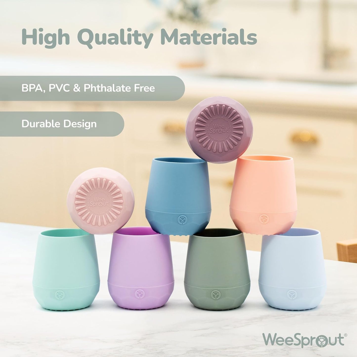 WeeSprout Silicone Baby Training Cups - Set of 2 Soft Silicone Cups - 2 oz Open Cup for Baby 6+ Months - Non-Slip Grip, Weighted Base - Gentle on Gums & Teeth (Matte Blue & Matte Green)