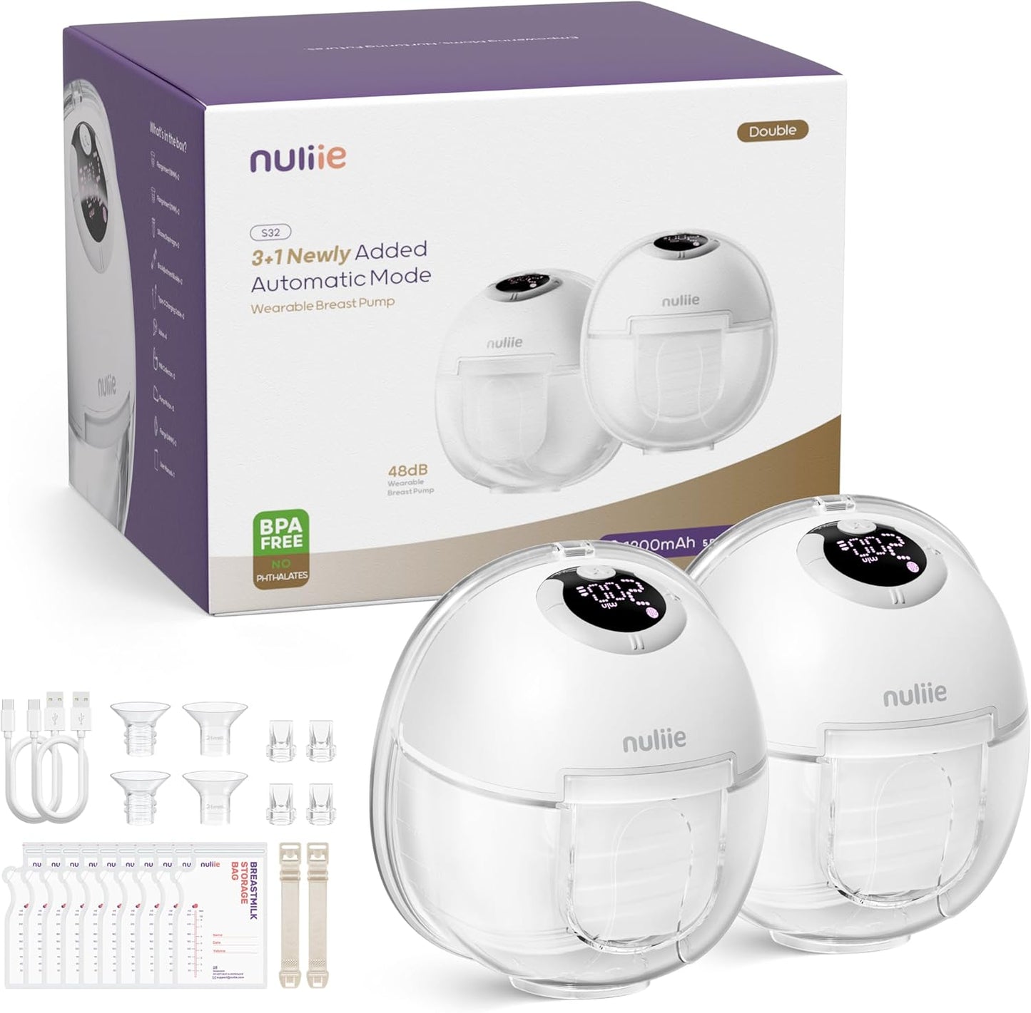 Nuliie Hands-Free Breast Pump, Wearable Breastfeeding Pump 4 Modes 9 Levels with 18/21/24MM Flange, Electric Breast Pump Portable, Replaced Pumping Accessories Included (Ghostwhite, 2 Packs)
