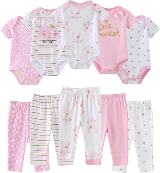 Baby Bodysuit and Pant Set 10-pcs Cotton Soft Newborn Boy Girl Clothes Outfits