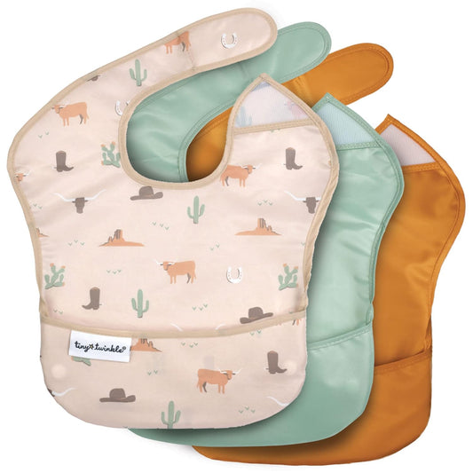 Tiny Twinkle Mess Proof Baby Bibs for Eating - Waterproof, Wipeable Bibs - Toddler Bibs - Travel Friendly - PFAS, PVC, BPA, Phthalate Free - Baby Food Bibs(3 Pack,Cowboy)