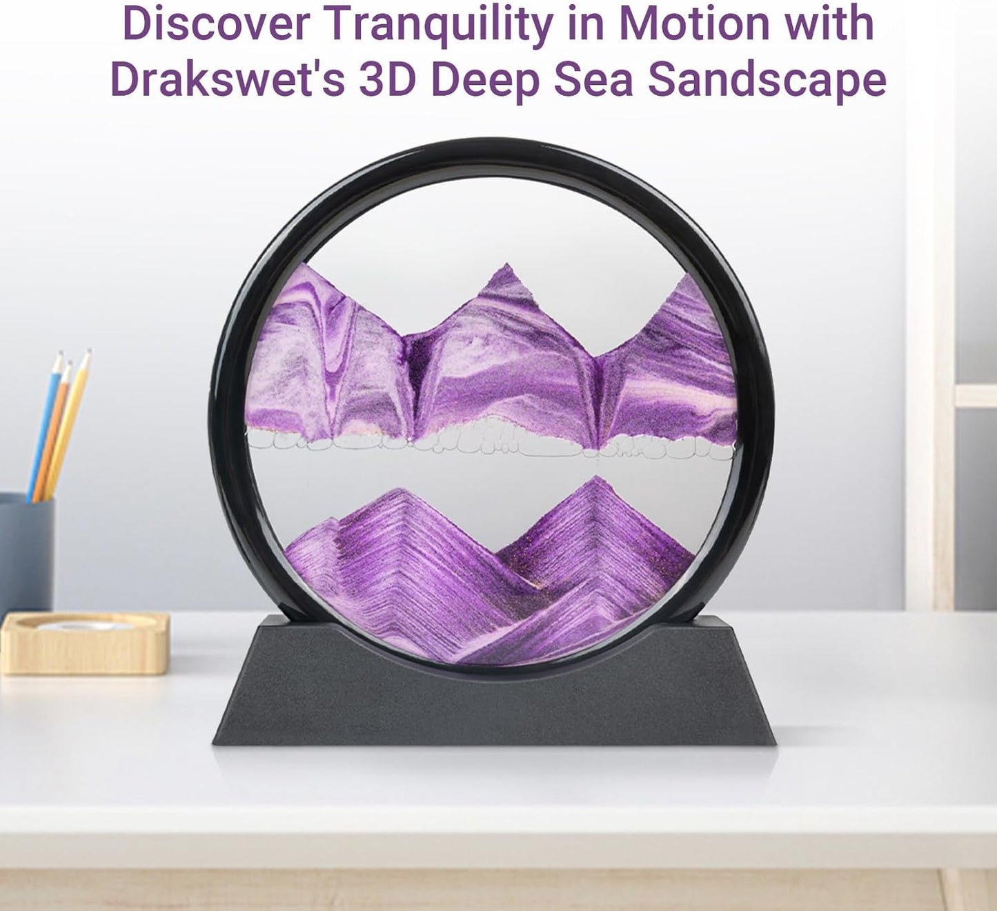 Drakswet Moving Sand Art Liquid Motion，Moving Sand Art Picture-3D Deep Sea Sandscape，Round Glass Frame Display Flowing Sand Relaxing Desktop Home Office Work Decor (Purple)