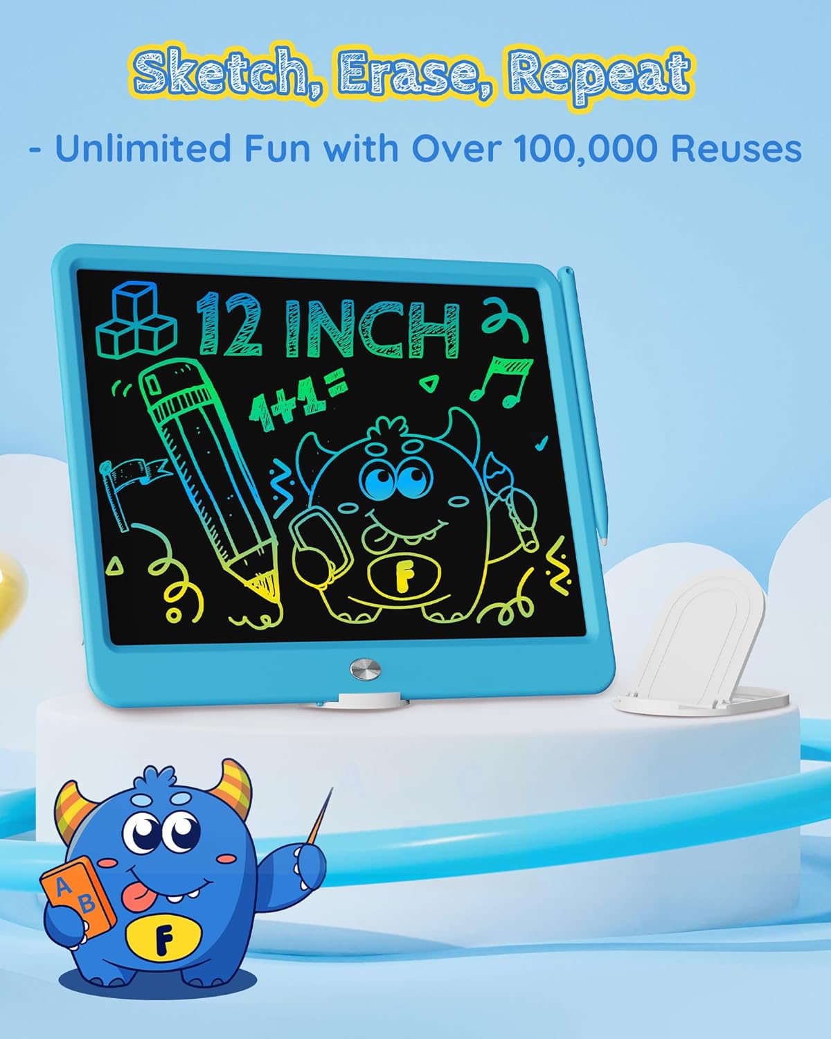 TEKFUN LCD Writing Tablet for Kids Boys Toys, 12 Inch Erasable Doodle Board Colorful Doodle Pad, Mess Free Coloring Board Games Toys Gifts for Toddlers Boys Adults (Blue)