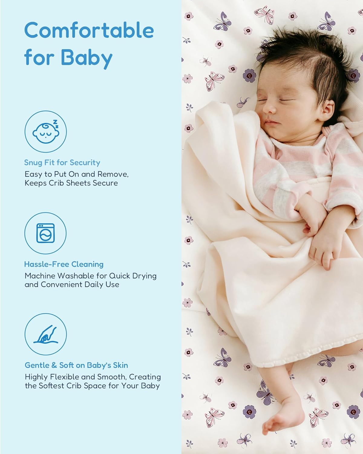 Baby Crib Sheets Boy Girl for Standard Crib Mattress - Soft Purple+Butterflies, Comfortable and Safe, Fits 28''x52''x9'' Deep Pocket