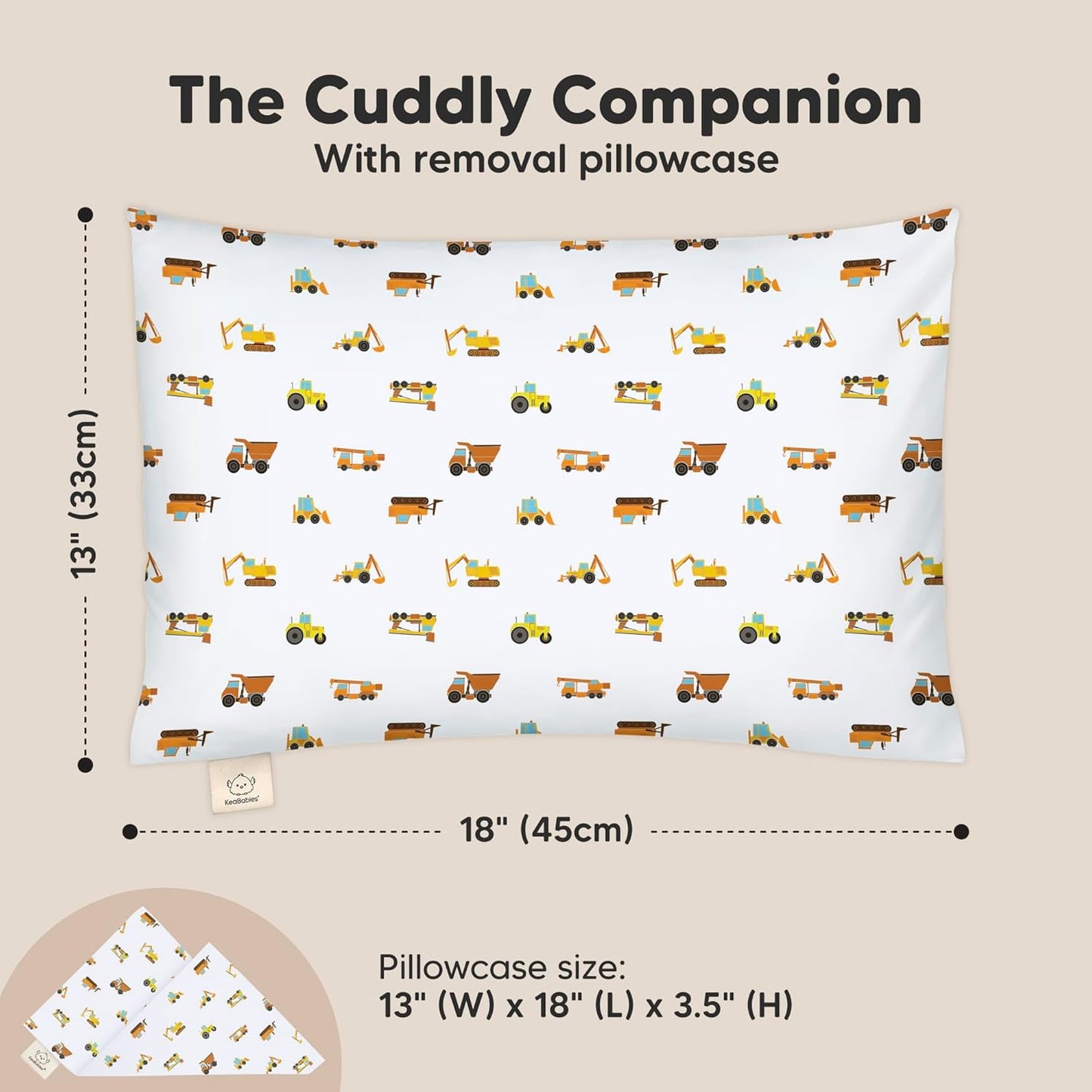Toddler Pillow with Pillowcase - 13x18 My Little Cuddly Pillow, Viscose Derived From Bamboo Nursery Toddler Pillows for Sleeping,Kids Pillow,Small Travel Pillows,Mini Toddler Bed Pillow (Construction)