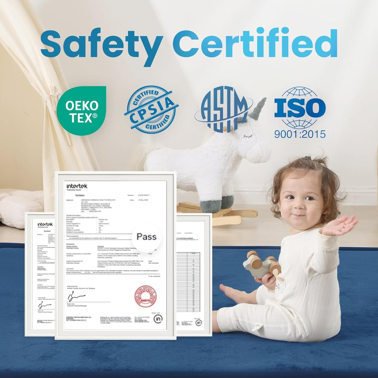 Ultra Soft Baby Play Mat,71"×79" Extra Large Activity Tummy Time Mat for Toddlers,Infants,Kids,1.3" Thick Elasti-Foam Nursery Rug for Floor,Non-Slip Safe for Crawling,Water-Repellent(Royal Blue)