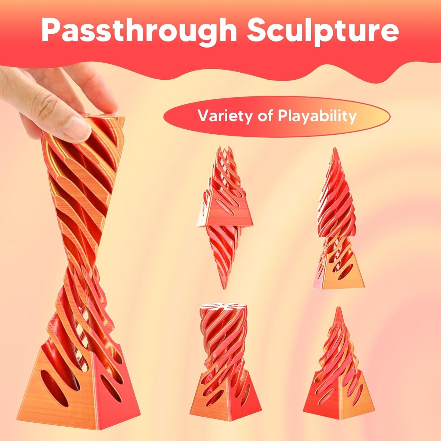 Impossible Pyramid Passthrough Sculpture, 3D Printed Spiral Cone Fidget Toys, Anxiety Relief Pass Through Pyramid Fidget Toy, Stress Relief Desk Toy Adults, Christmas, Birthday Gifts (Gold Red)
