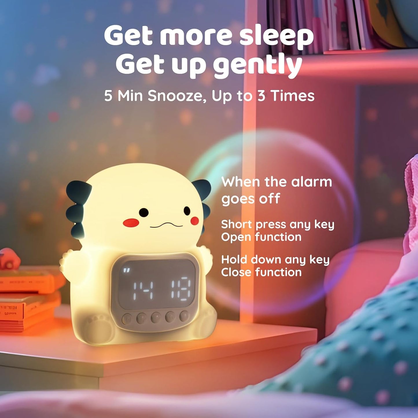 Axolotl Alarm Clock with Night Light for Kids, Rechargeable Silicone Lamp Time to Wake Clock Cute Animal Tabletop Lamp, Perfect Sleep Companion for Boys Girls, White