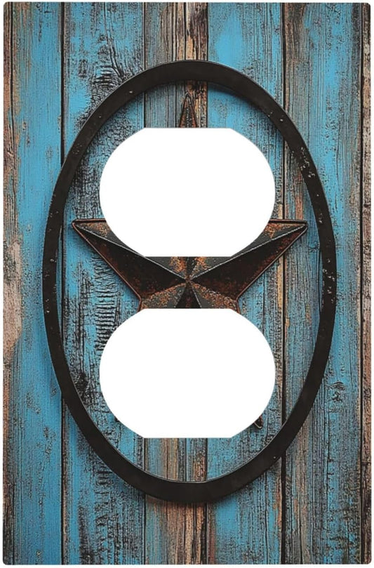 Outlet Covers Rustic Wood Country Barn Texas Star On Teal 1 Gang Duplex Light Switch Cover Decorative Switch Plates Electrical Receptacle Faceplate Wall Plate For Farmhouse Cabin