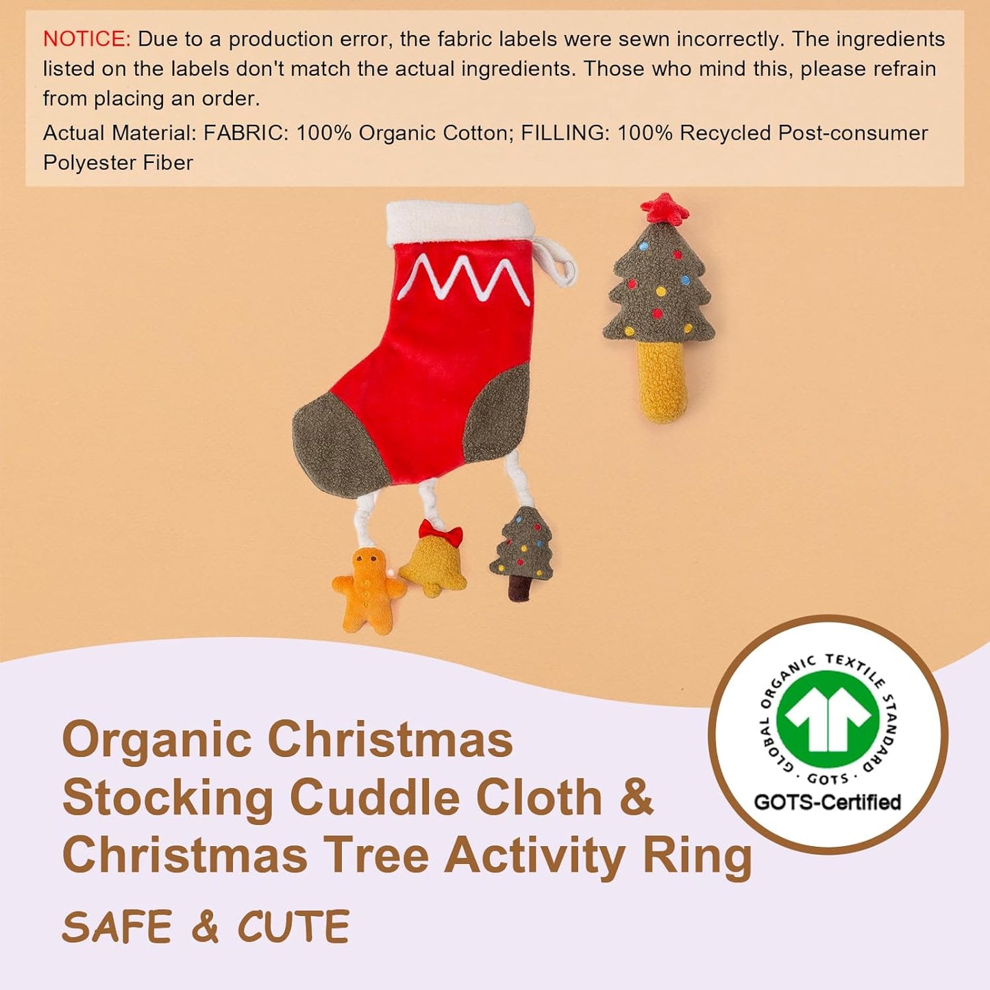 Organic Cotton Stuffed Animal Rattle Baby Toys, Plush Stocking Cuddle Cloth and Hand Grip Christmas Tree Ring Rattles Plush Toy Set for Newborns Infant Boys Girls, 2 PCS