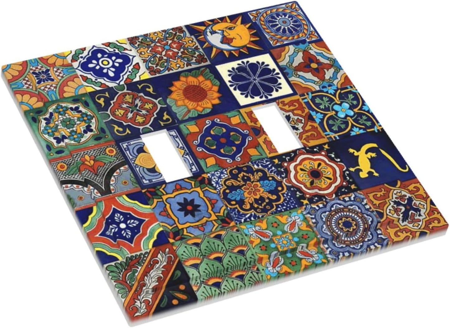 Talavera Mexican Tiles Traditional Color Decoration Print Decorative Switch Plates 2 Gang Double Toggle Outlet Light Switch Cover Wall Plate Electrical Faceplate for Kitchen Bathroom Decor