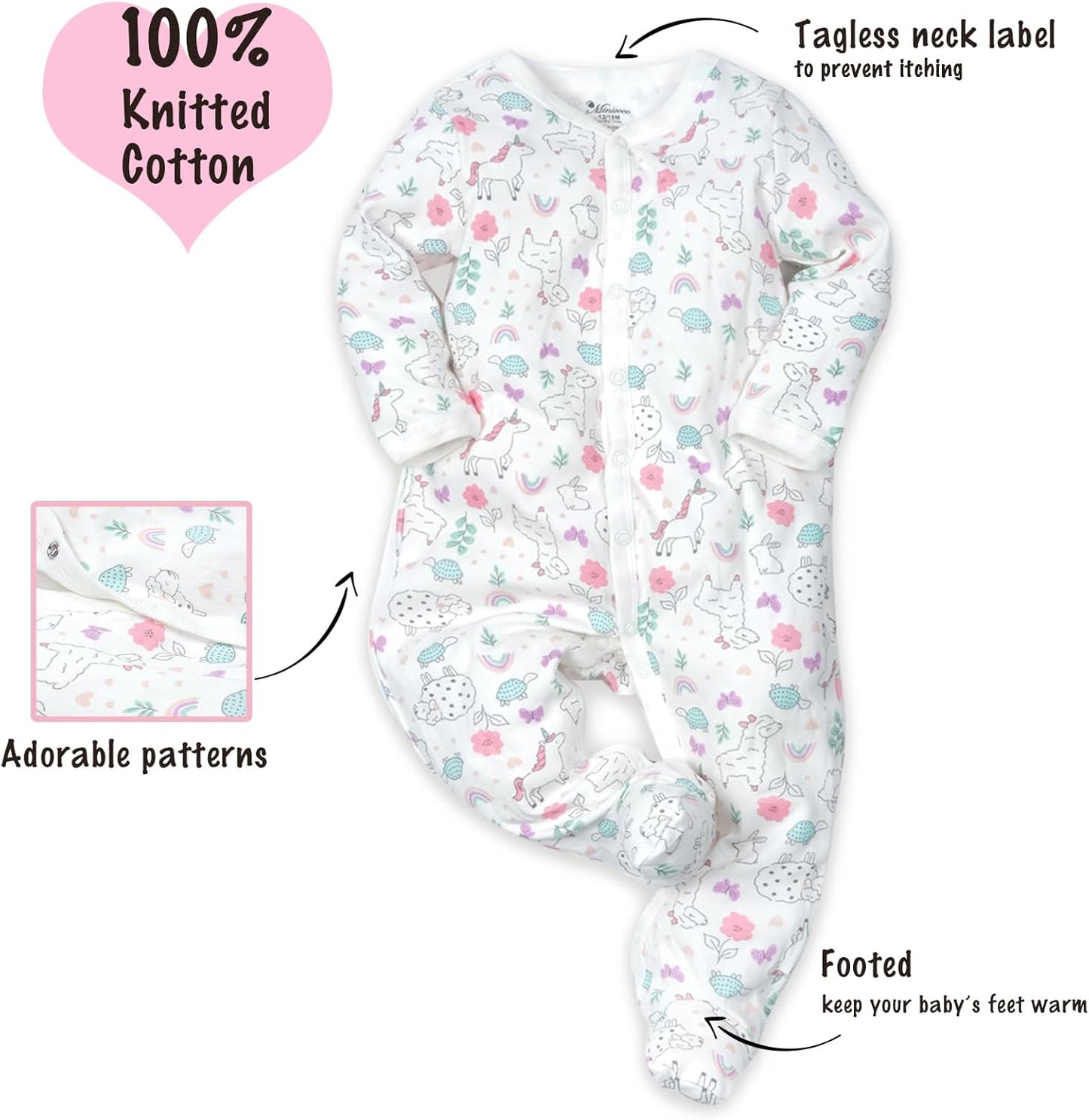 Baby Boys Girls Cotton Footies Multi Pack Long Sleeve Baby Footed One-Piece Jumpsuit Multi Pack