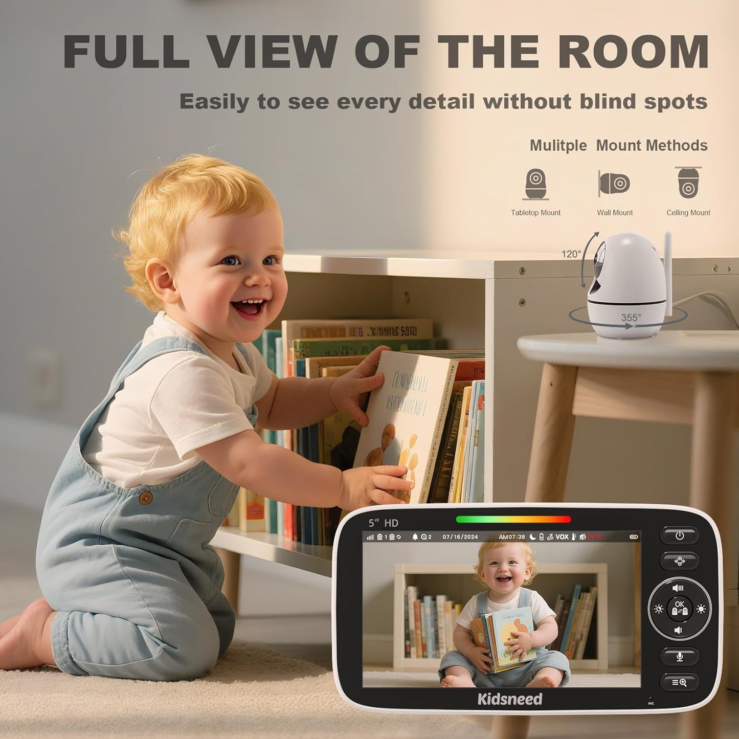 Baby Monitor with Camera and Audio – 720P Baby Camera No Wifi, 5 inch Screen,48 Hours Battery Life, Night Vision, Remote Pan& Tilt& Zoom，Two-Way Talk, Lullabies, Thermal Monitor, 1000ft Range