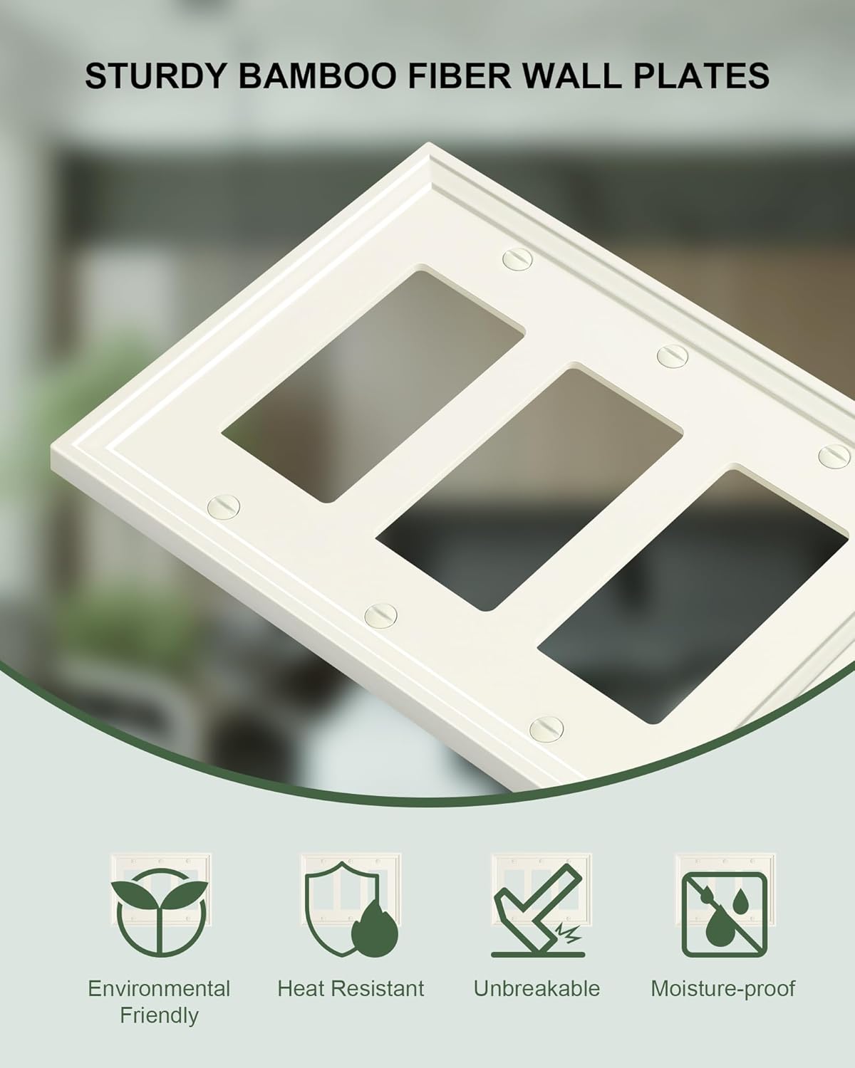 2-Pack Triple Decorator Outlet Cover Plate, Light Almond Modern Decorative Switch Plates and Outlet Covers, Natural Bamboo Fiber Wall Plates for Electrical Outlets