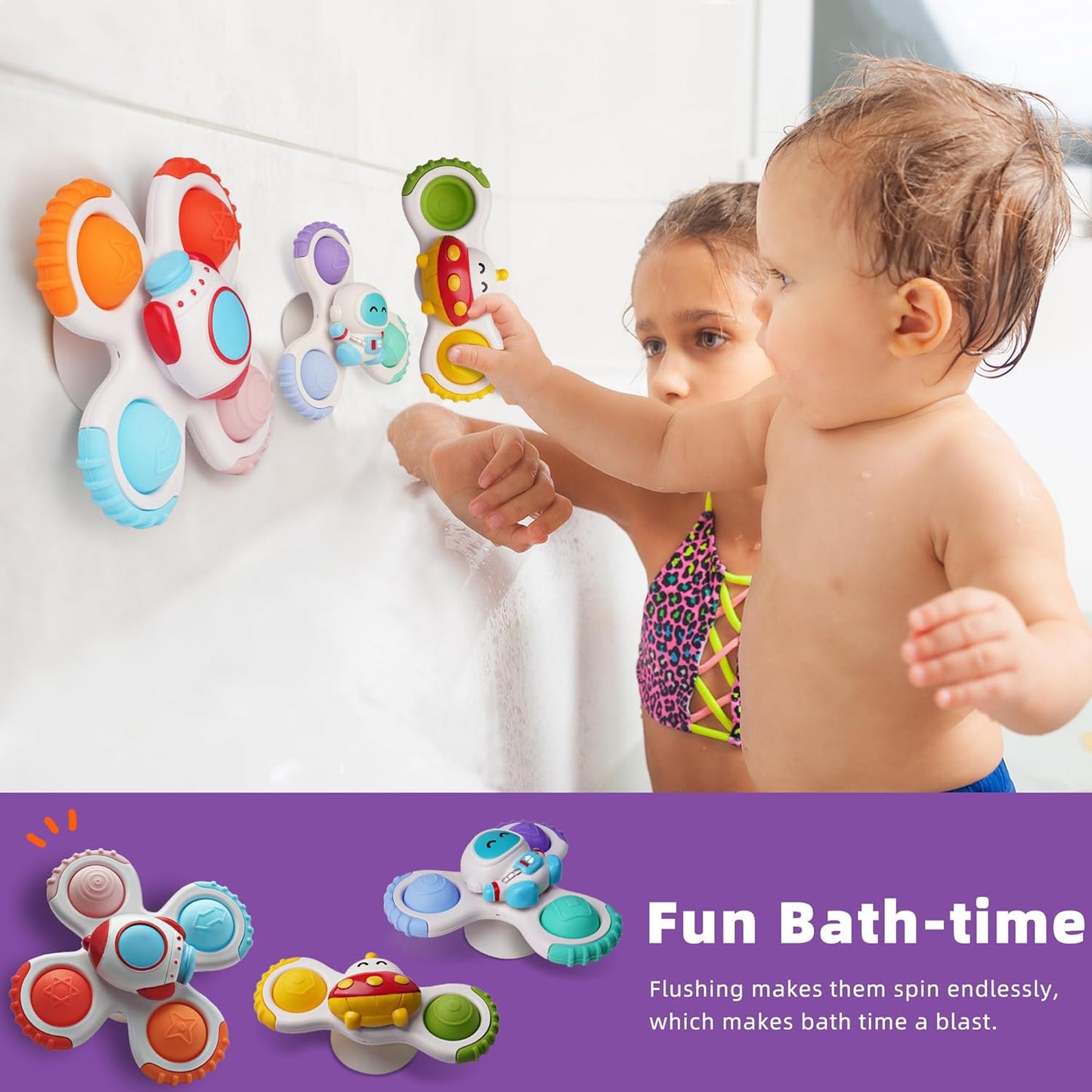 LiKee Strong Suction Cup Fidget Rotating Sensory Bath Toys for Baby 12 18 Months Airplane Car Travel Table & Window Toys for 1 2 Years Old Toddler Boys and Girls (Space-1)