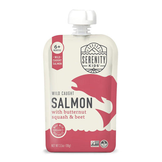 Serenity Kids 6+ Month Salmon Baby Food Pouches - BPA-Free Wild Caught Salmon & Organic Butternut Squash & Beet - No Added Sugar & High Protein - 3.5 Oz, 6 Pack