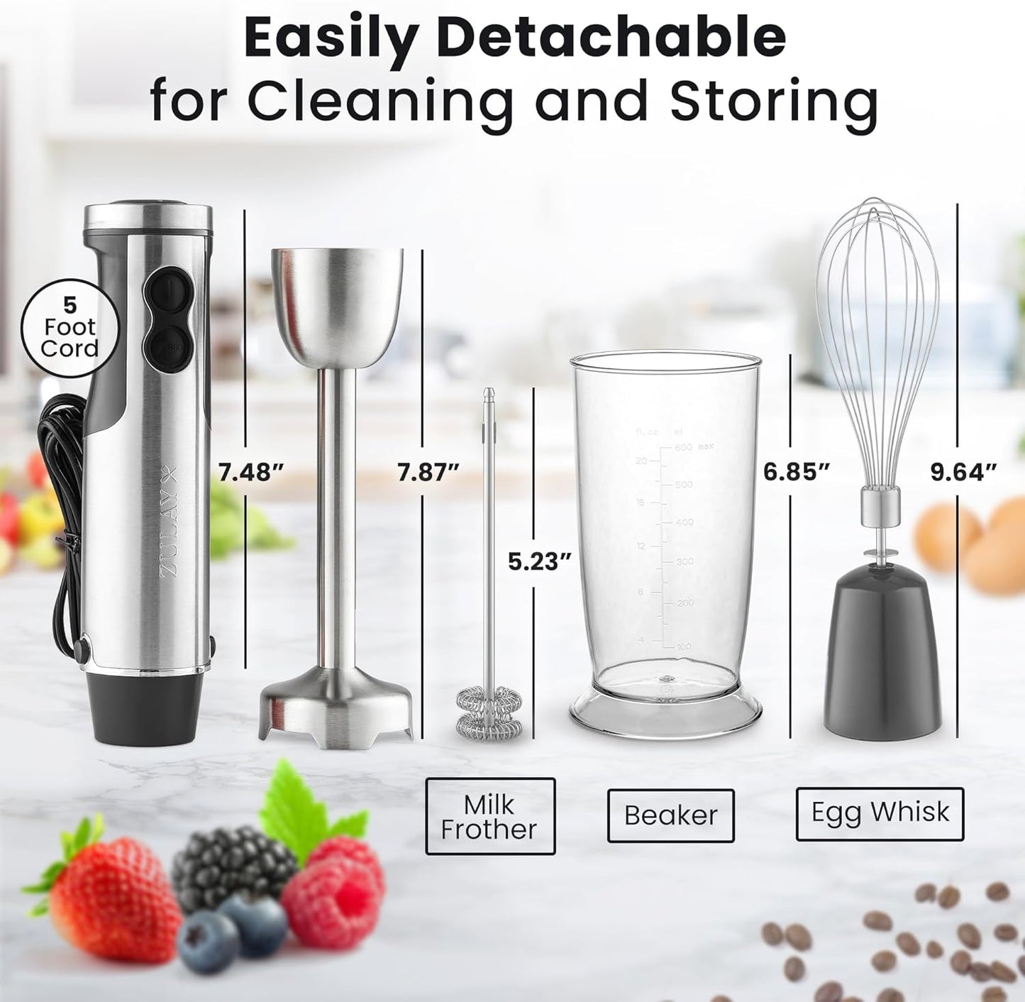 Zulay 4-in-1 Immersion Stick Mixer Hand Blender - 800 Watts, 12 Speeds, 5-ft Power Electric Cord, Handheld Portable, Stainless Steel Blades - With Whisk, Frother & Stick Blender Attachments - Gray