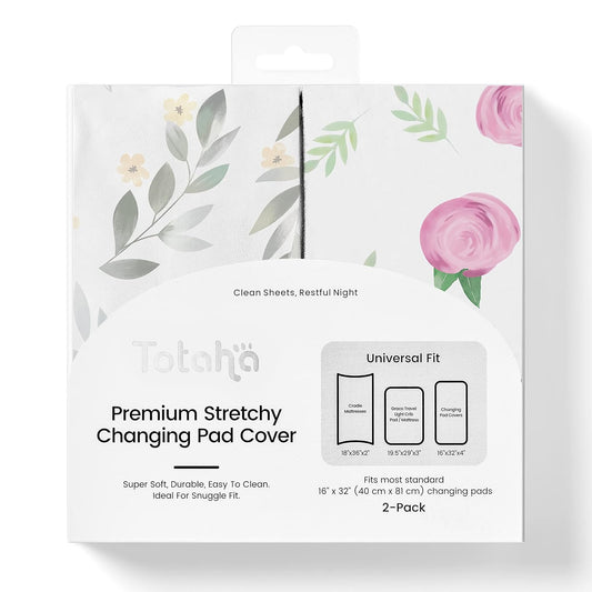 TotAha Premium Stretchy Changing Pad Covers (2-Pack)-Hypoallergenic, Silky Comfort, Buttery Soft, Calming Effect, All-Season Jersey-Knit 32'' X 16'' X 5'' Deep Pocket (Pink Buds & Green Leaves)