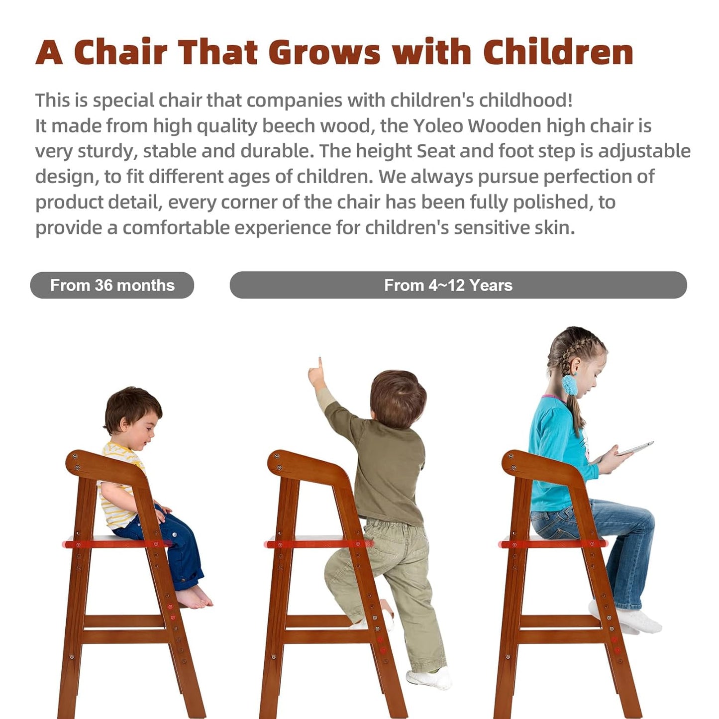 Wooden High Chair for Toddlers, Adjustable Dining Feeding Chair with Removable Cushion for Child, High Chair Grows with Your Kid with Steps for Kids Dining, Studying, Step Tool(Nut-Brown)