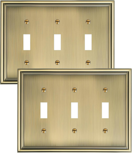 2-Pack Triple Toggle Light Switch Cover Plate, Durable Solid Zinc Alloy Decorative Switch Plate Covers, Antique Brass 3 Gang Wall Plate, Corrosion Resistant