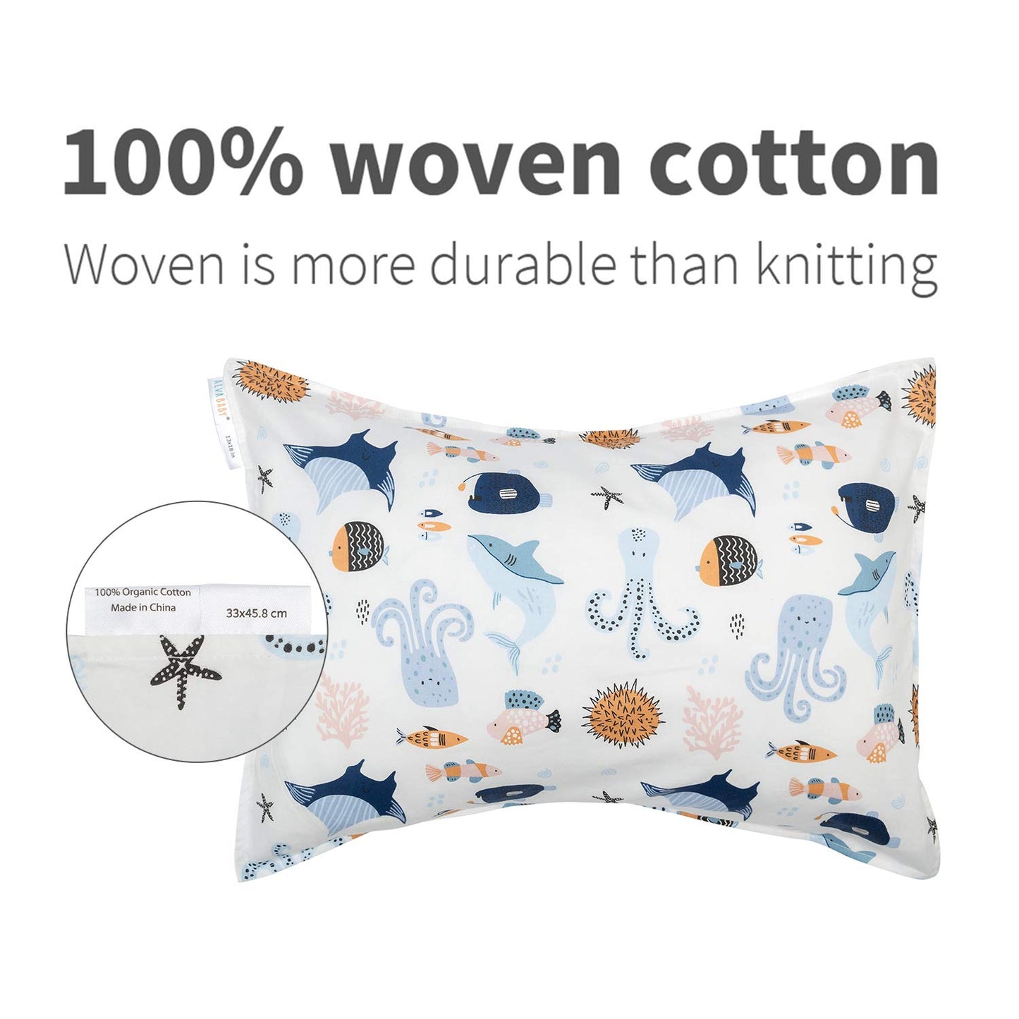 ALVABABY Toddler Pillowcases 2 Pack Organic Cotton Kids Pillow Cover Fit 13"x 18" or 12"x16" Envelope for Girl Boy Sleepy Travel