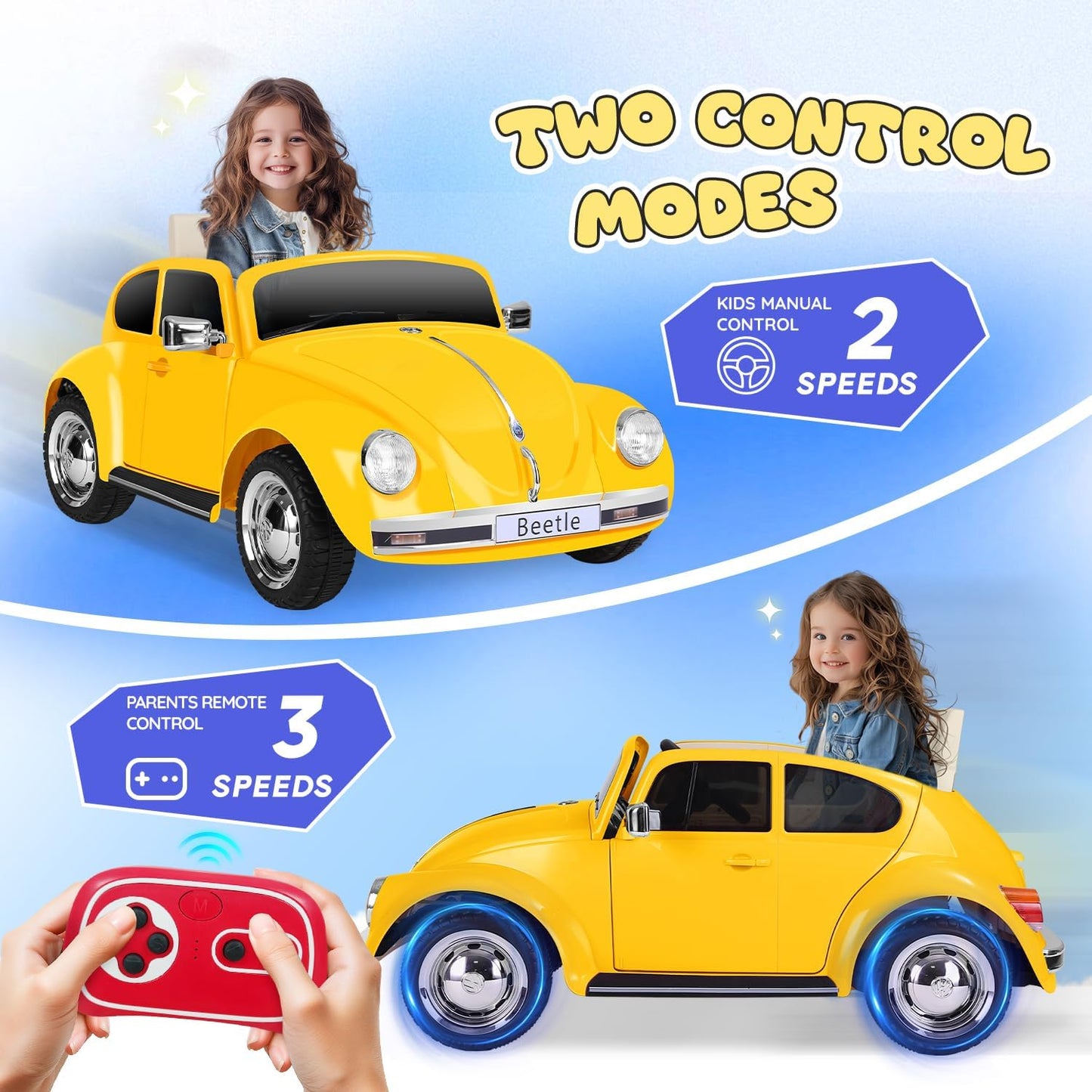 12V Kids Electric Car, Power Wheels with Remote Control, Ride on Car Toys with LED Light, 3 Speeds, Music, Yellow