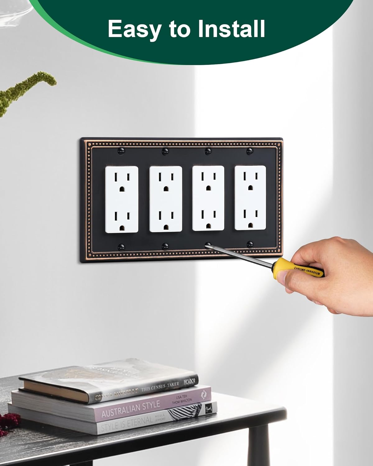 2-Pack Quad Decorator Outlet Cover Plate, Pearls Decorative Switch Plates and Outlet Covers, 4 Gang Aged Bronze Metal Wall Plates, Corrosion Resistant