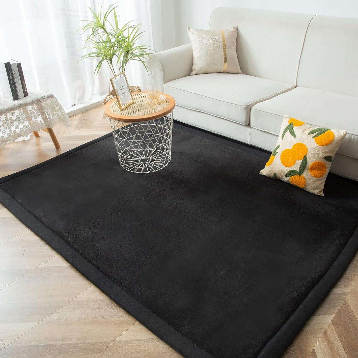MAXYOYO Black Coral Velvet Area Rug, Thick Japanese Tatami Mat Living Room Carpet with Non-Slip Backing, Large Solid Color Mat for Bedroom Dormitory Yoga, 78 by 118 inch
