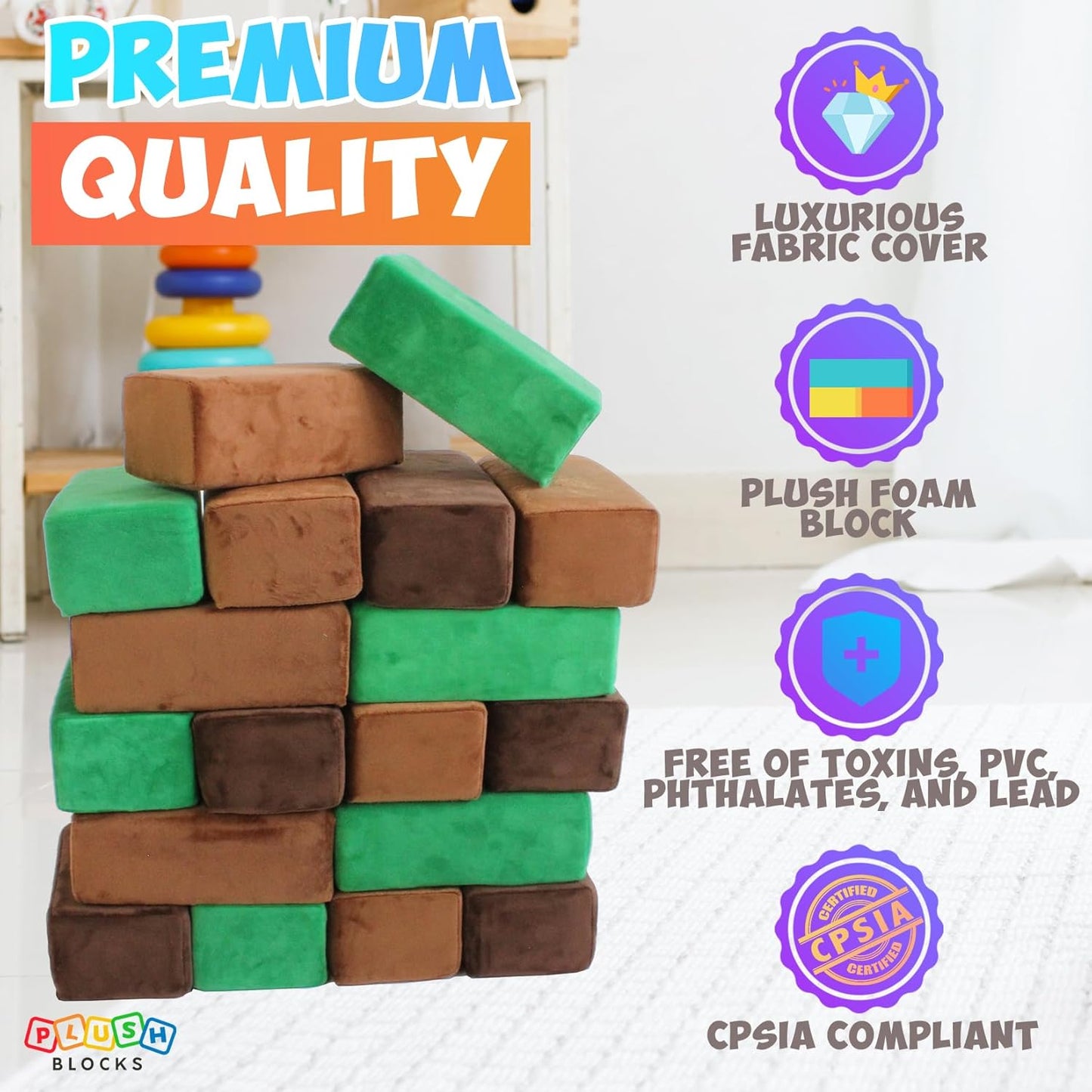 The Original Premium Plush Building Block for Kids - Certified Safe Foam Blocks in Luxuriously Soft Fabric Covers - Set of 24 (Earth)