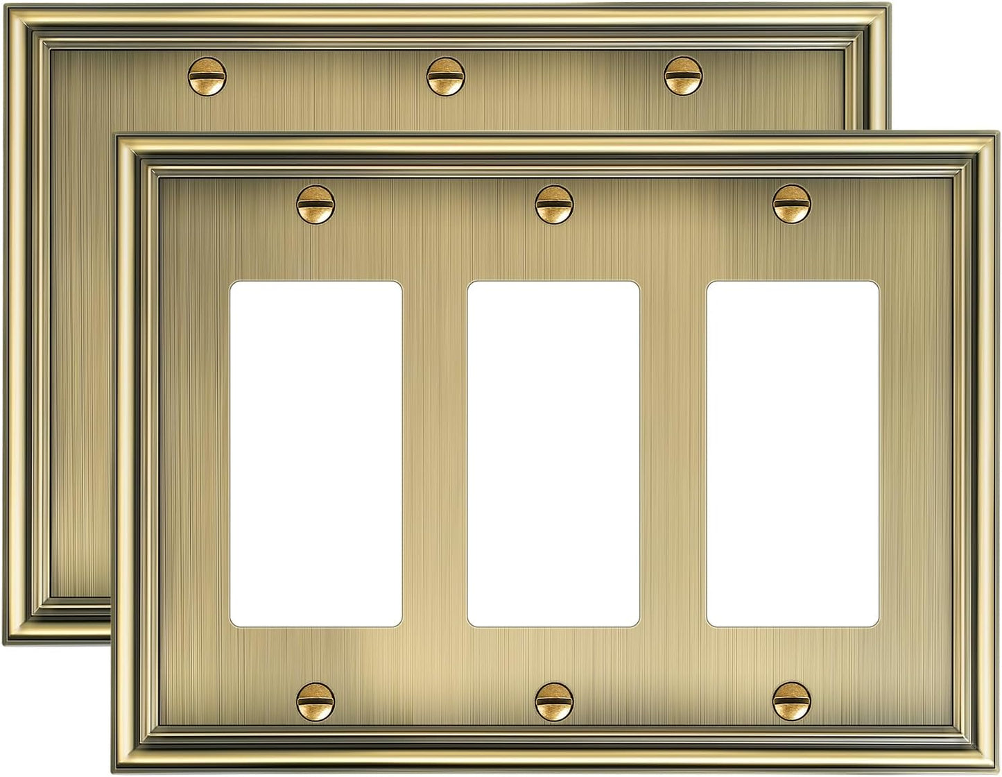 2-Pack Decorative Tripple Decorator Outlet Cover Plate, Durable Zinc Alloy Antique Brass Wall Plate for Electrical Outlets, Receptacle, GFCI Outlet, Dimmer Switch, 3-Gang, Corrosion Resistant