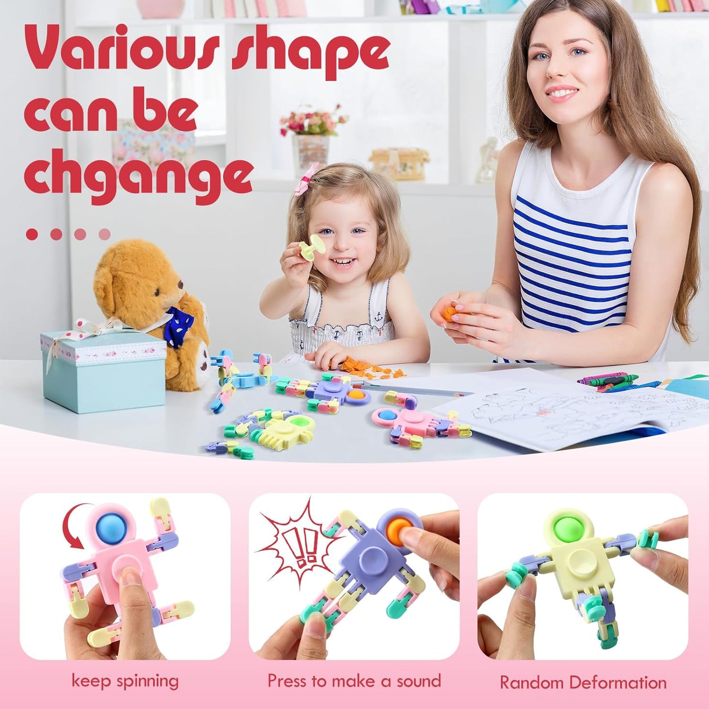 32 Pcs Funny Sensory Fidget Toys Robot Fidget Spinners Fidget Party Favors Robot Fingertip Toy DIY Transformable Chain for Teens Adults Stress Relief Birthday Gift (4 Colors,Elegant Style)