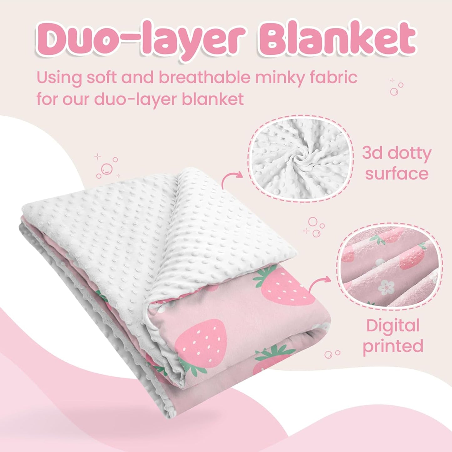Strawberry Minky Baby Blanket 30 x 40 Inches for Girls, Soft Plush Receiving Blanket with Dotted Back, Gift for Toddler Newborn Infant Christmas Birthday Baby Shower