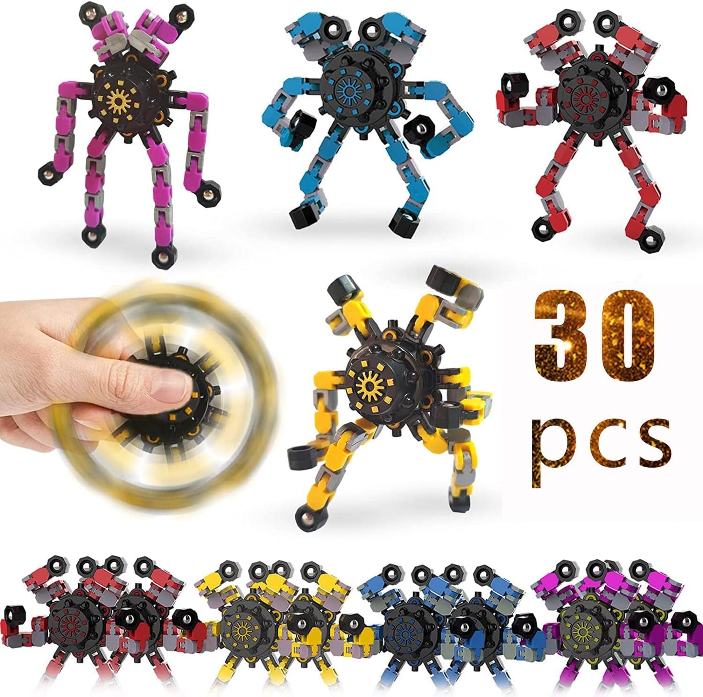 30pcs Random Fidget Spinners,DIY Deformable Robot Fingertip Toys,Decompression Spinner,Deformable Creative Mechanical Gyro Toys,Stress Relief Mechanical Chain Toy for Kids Adults，Party Supplies