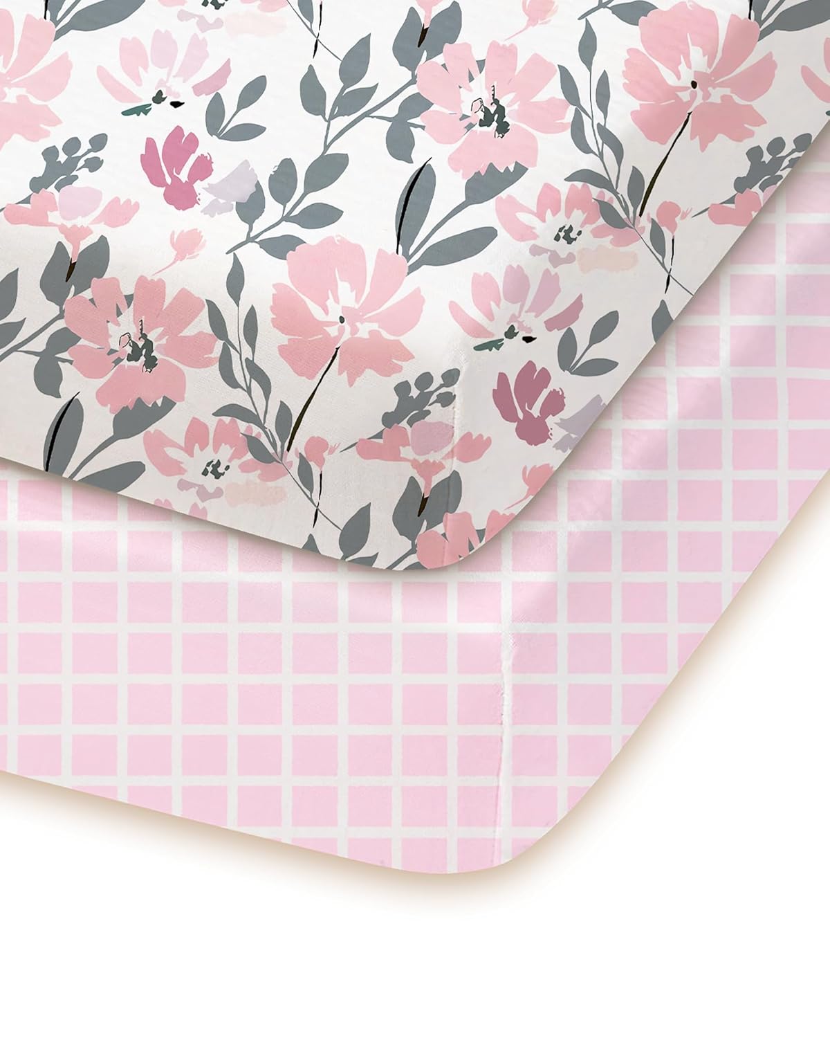 Pack and Play Sheets Fitted, Soft and Breathable Flower&Pink Checkered, Neutral Pack N Play Mattress Sheets, Hypoallergenic, Cozy and Safe, 2 Pack