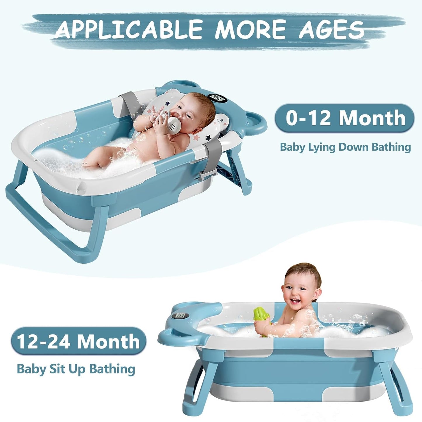 TPN Collapsible Baby Bathtub for Infants to Toddler with Real-time Temp Monitor+Floating Cushion,Foldable Baby Bath Tub Set Applicable 0-36 Month,Perfect Portable Travel Baby Tub for Newborns Boy