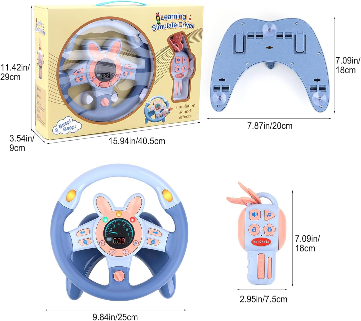 deAO Kids Steering Wheel for Backseat with Key Baby Toys Pretend Driving Simulated Steering Wheel Toy with Light and Music Gifts for Kids Toddlers Blue