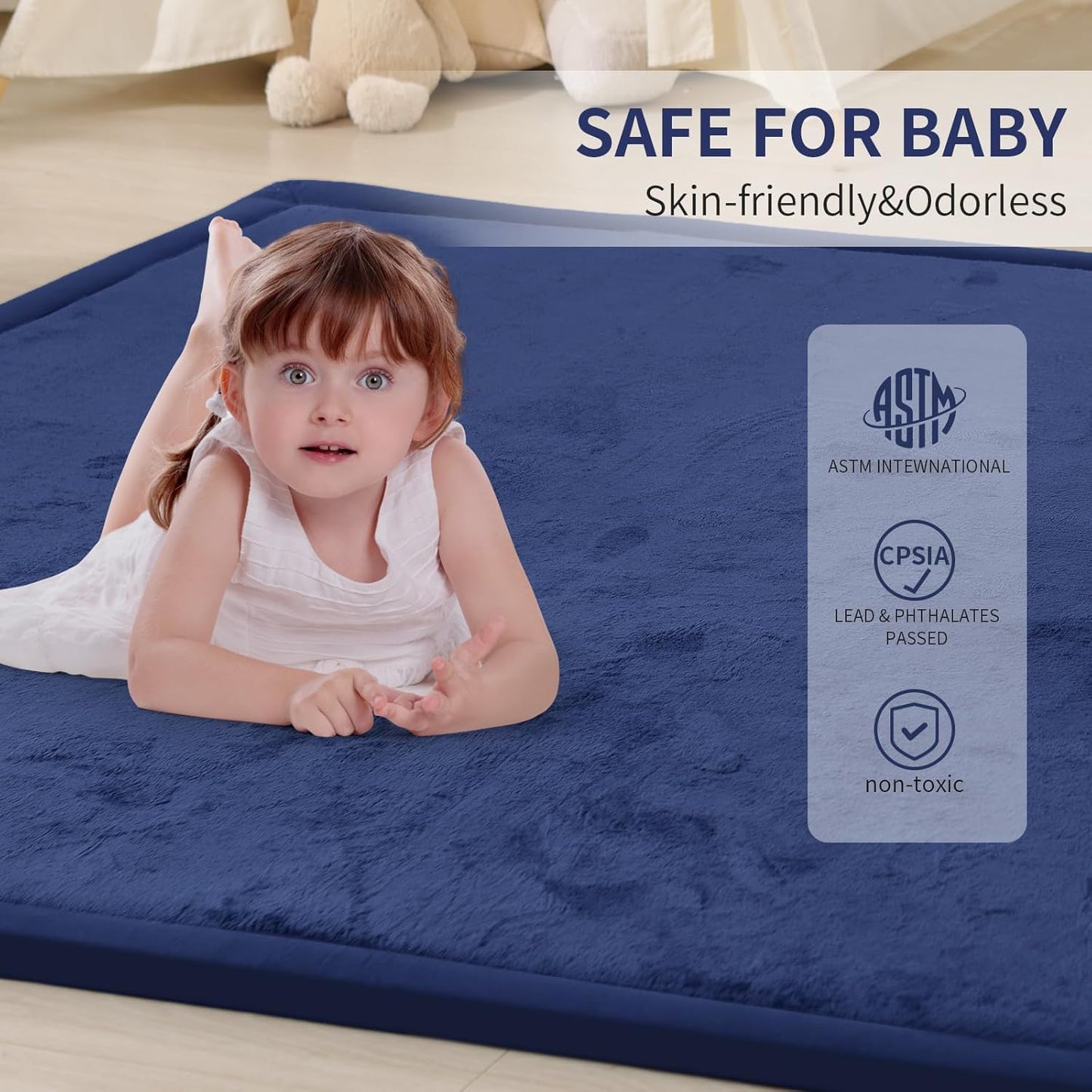 ACOMOPACK Baby Play Mat for Floor 1.3" Thick Memory Foam Play Mat 79"×118" Tummy Time Crawling with Non-Slip Bottom for Living Room,Nursery,Soft Velvet Playpen Mats for Kids,Infants（Royal Blue）