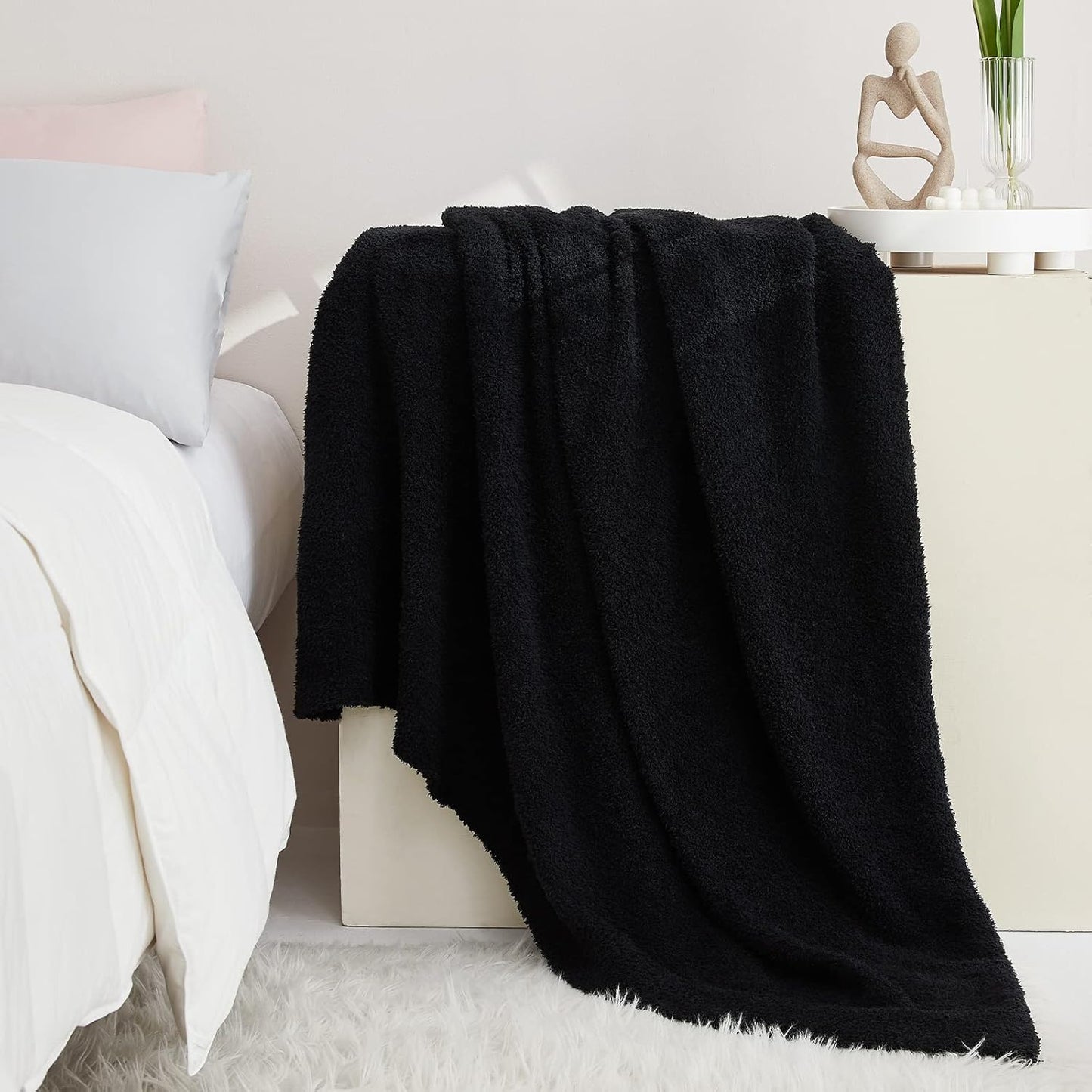 CYMULA Knit Throw Blanket for Couch Black-Super Soft Lightweight Plush Fuzzy Fluffy Cozy Blankets and Throws for Sofa Bed, 50x60 inches