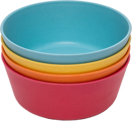 WeeSprout Bamboo Kids Bowls, Set of Four 10 oz Kid-Sized Dinnerware, Cereal, Leftovers & Snack Bowl, Dishwasher Safe (Blue, Yellow, Orange, & Red, 10 Oz)