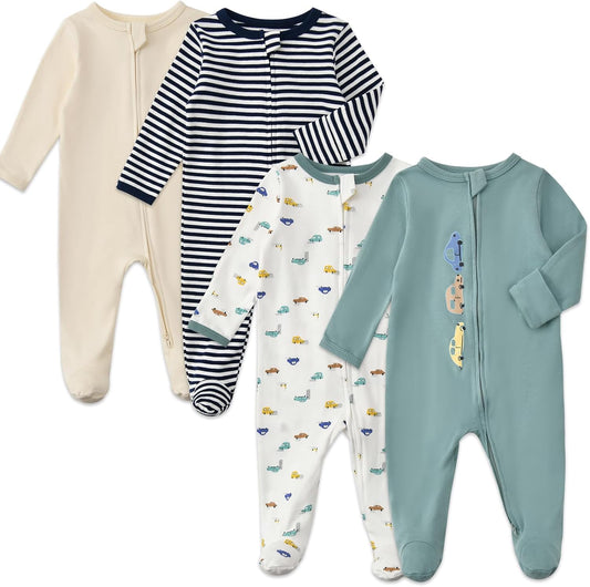 Aablexema Baby Footed Pajamas with Mitten Cuffs Zipper 4-Pack Infant Newborn Cotton Long Sleeve Outfit