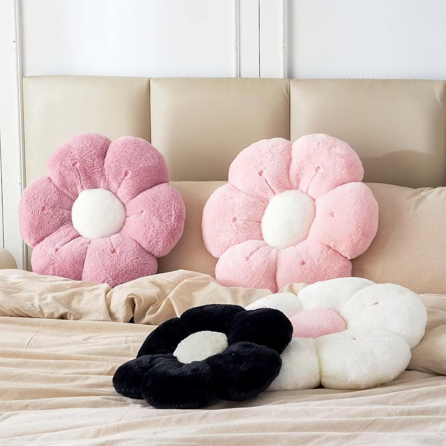 Flower Pillow, Cute Flower Shaped Decorative Pillow, Soft Rabbit Fur Daisy Pillow Home Decor Floor Seating Cushion for Bedroom Living Room (Dusty Pink 14.9 Inch)