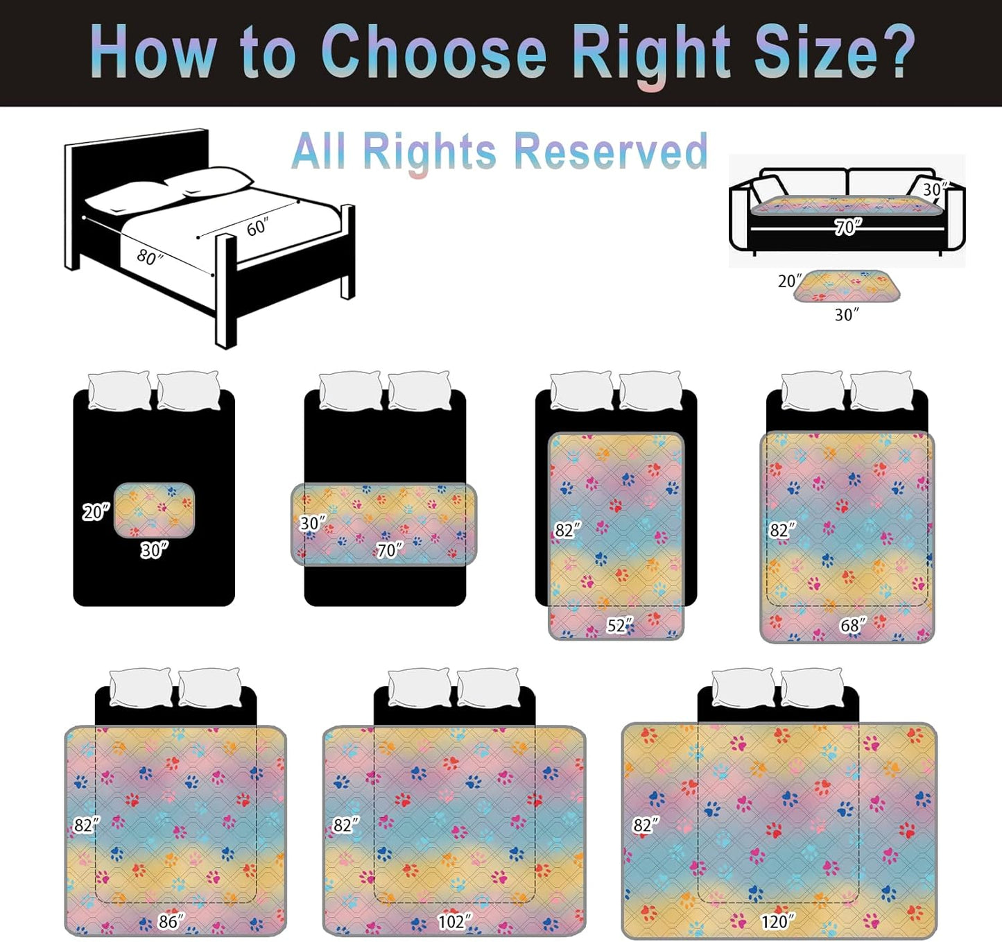 100% Waterproof Dog Bed Cover 68x82 inch Reversible Changing Pad Reusable Camping Mat for Kids/Pet/Dog/Cat Washable Geometric Embroidery Blanket Patchwork Rainbow Dog Paw Printed+Gray