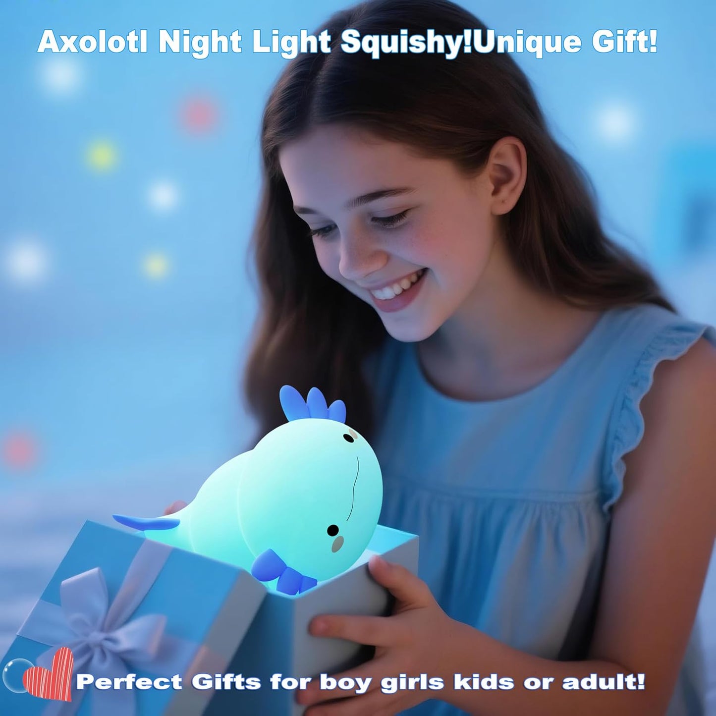 HAPPYBAG Axolotl Night Light,Cute Axolotl lamp Gifts for Kids,Dimmable Silicone Animal Nursery Night Light,Kawaii Rechargeable Bedside Touch Lamp,Baby Room Decor Axolotl Light
