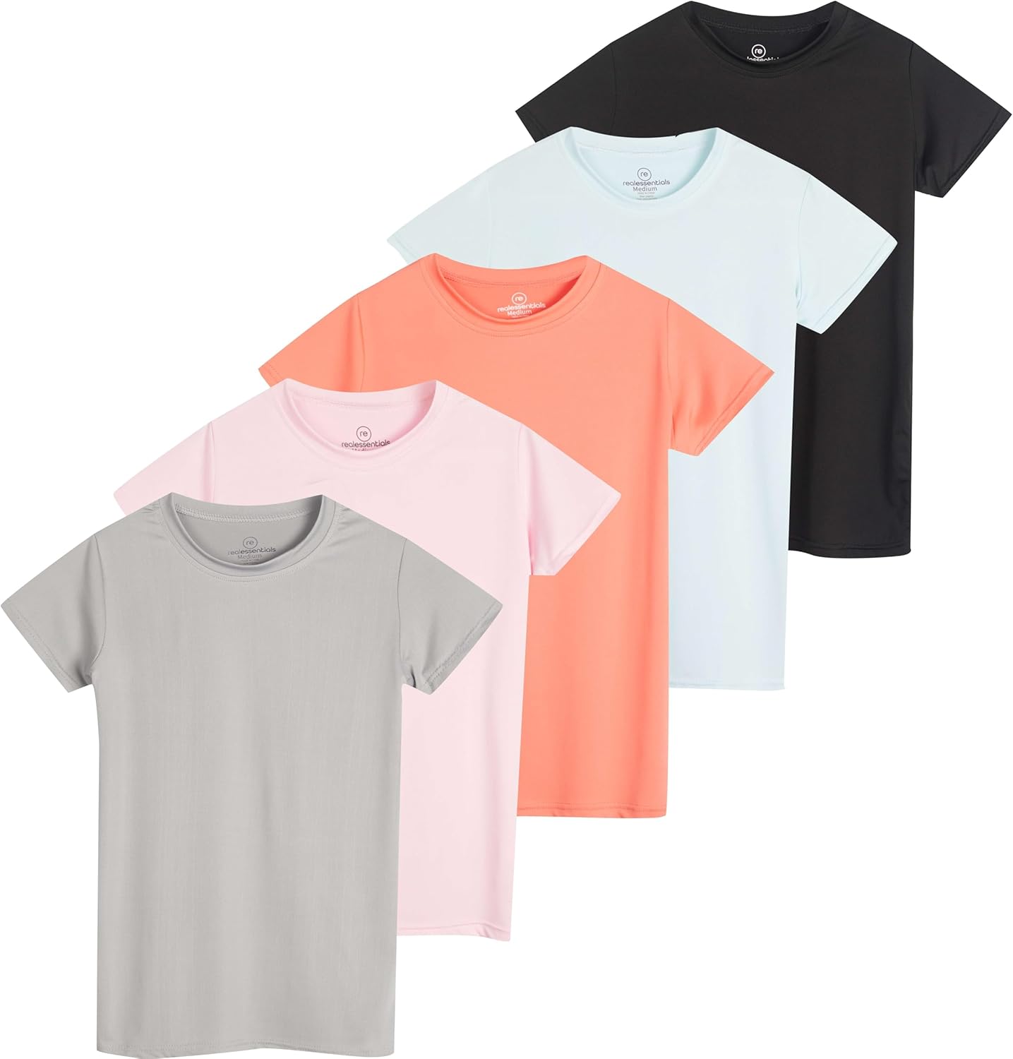 Real Essentials 5 Pack: Girls Short Sleeve Dry-Fit Crew Neck Active Athletic Performance T-Shirt